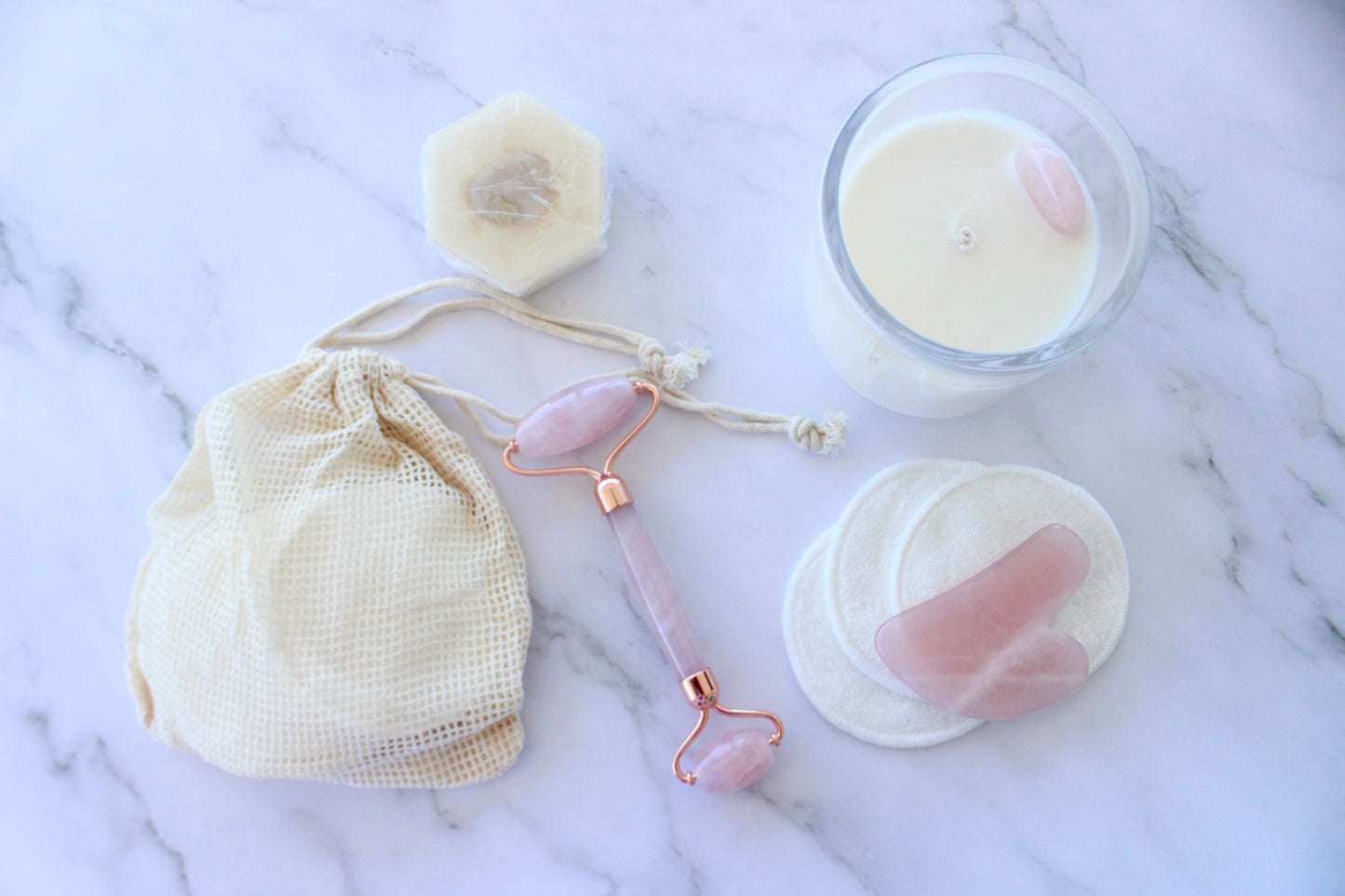 Rose Quartz Facial Roller Set with Gua Sha + Affirmations Download